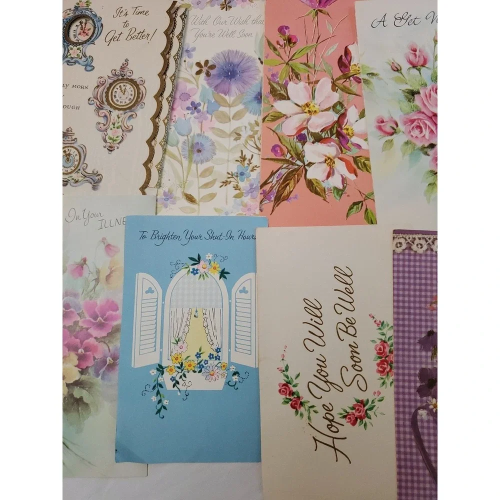 14 OldVintage Used Get‎ Well Greeting Card Fronts Crafts Flowers Clock Bluebird